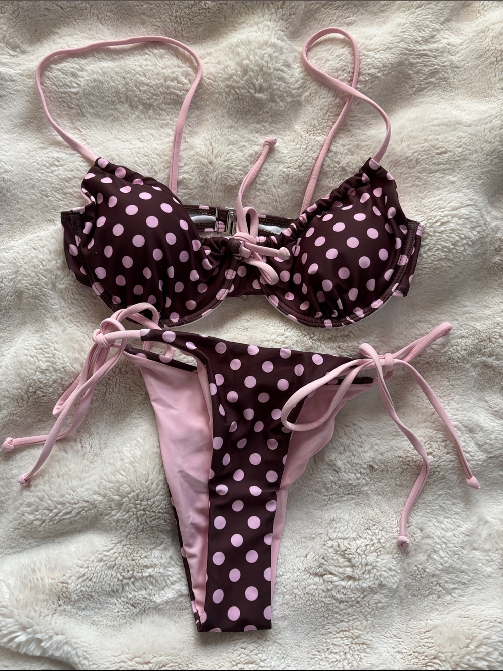 Polka-Dot Underwire Bikini Top/Bottom in Brown with Pink Trim